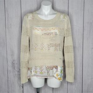 Desigual Crochet Sweater with Sheer Elephant Print Undershirt, size Medium